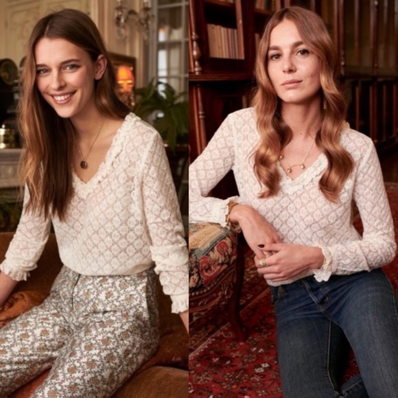Sezane Tops - Sezane Leonora Blouse Ecru White Size 34 French US 2 V-Neck Ruffle Sheer Lace